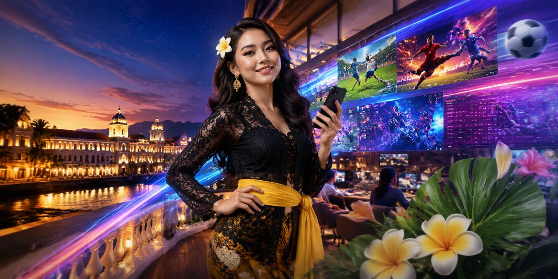 Ilustrasi pemain taruhan esports di pantai tropis Indonesia dengan pemandangan sinar matahari